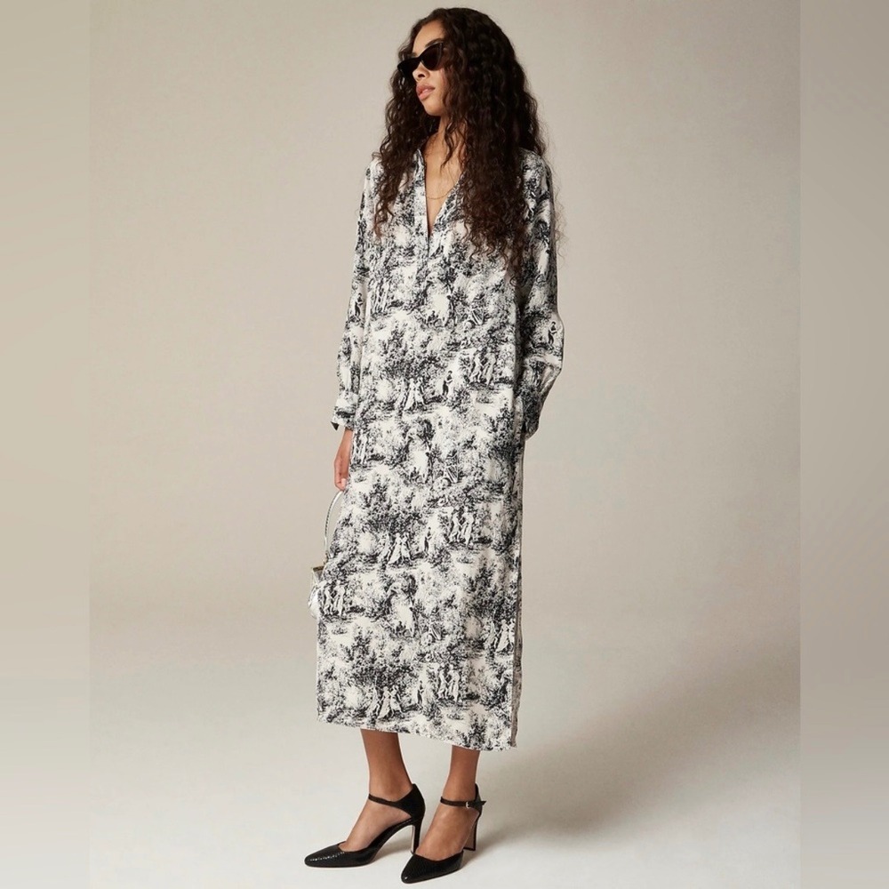 J. Crew 2024 Bungalow Long Sleeve Maxi Dress Drapey Toile Print Belt Tie‎ SZ 2X